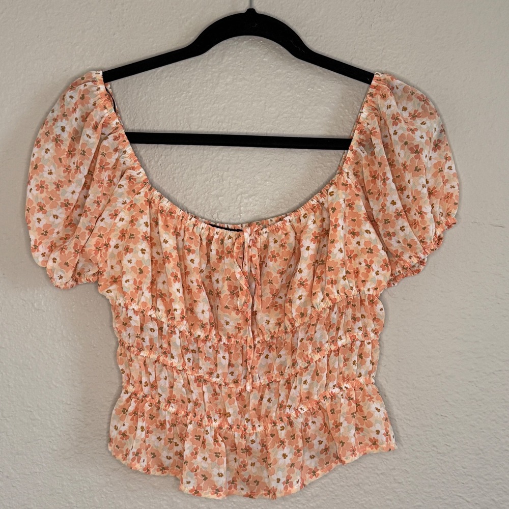 FOREVER‎ 21 Womens Large Pink Floral Milkmaid Top Smocked Bow Coquette Soft Girl